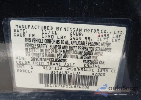 2012 Nissan Versa 1.6 Sv z USA, uszkodzony, nr VIN 3N1CN7APXCL856208